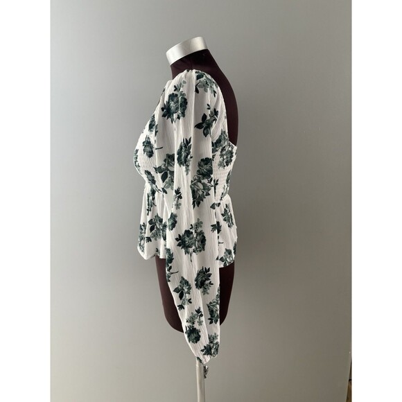Hollister White Green Floral Top XS Smocked Peplum Milkmaid Boho Coquette - Picture 3 of 16